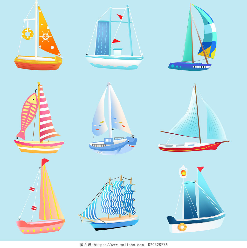 橙蓝海风卡通帆船柔和前进帆船套图9宫格psd素材
